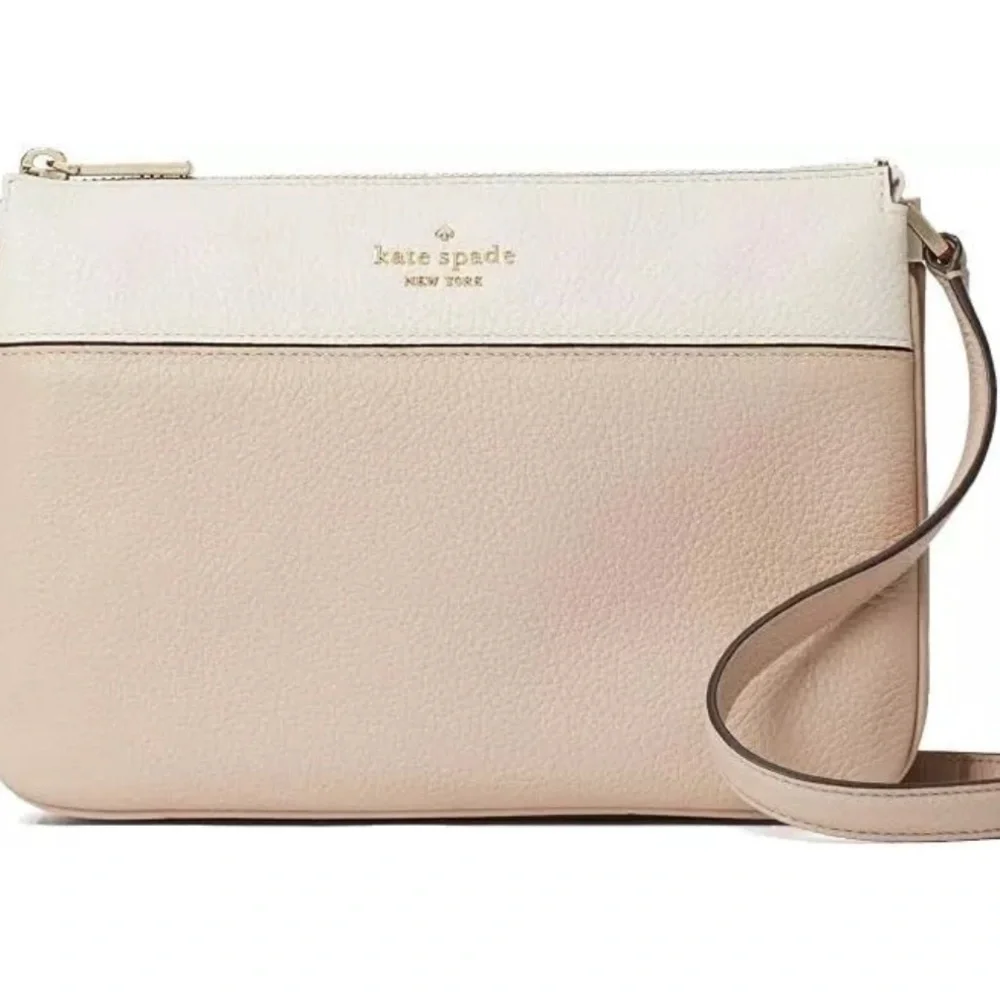 Kate Spade Crossbody Leather Purse Beige Tan Cream Leila triple gusset handbag